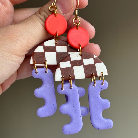 Dangly Clay Checkerboard Earrings - Picture 4 of 4